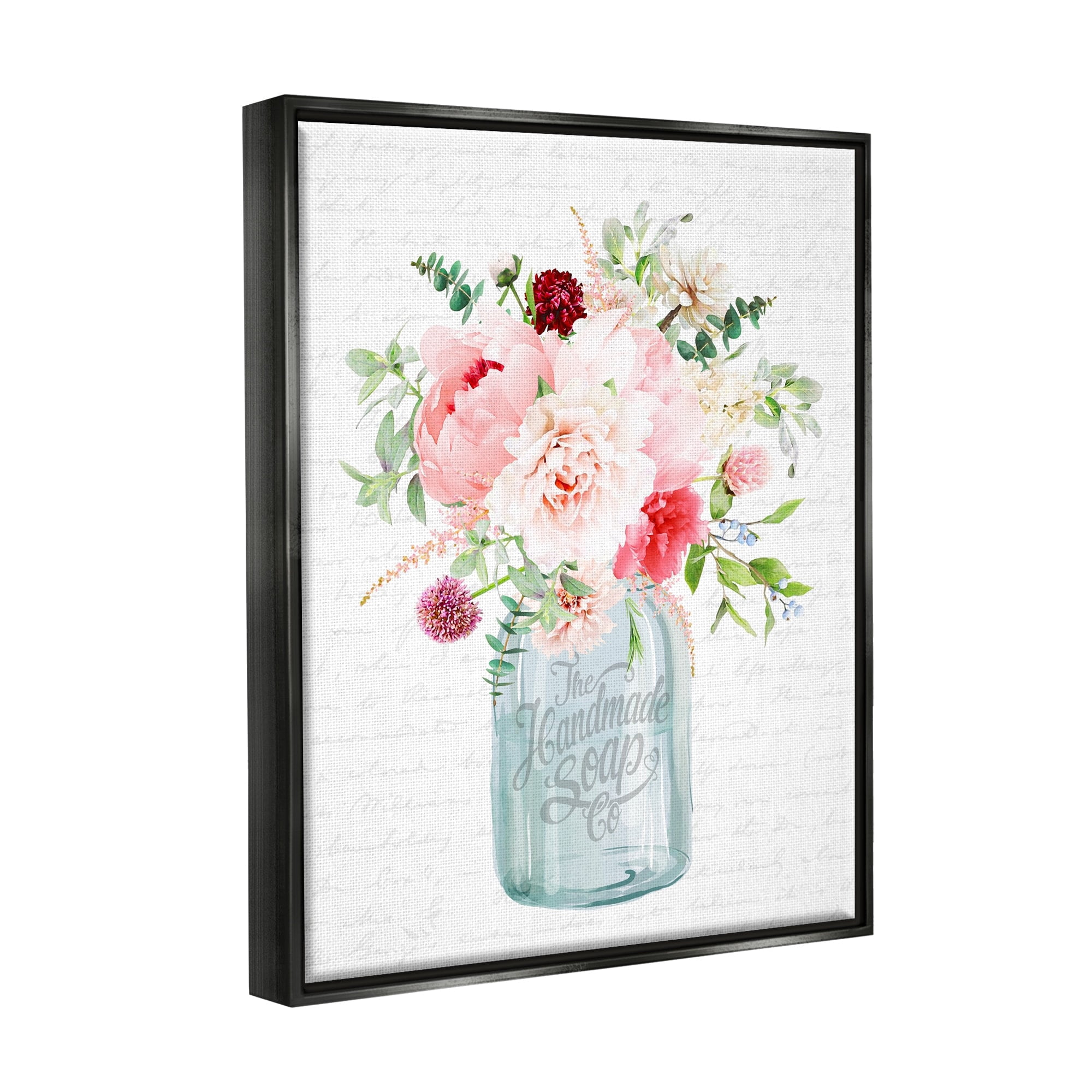 Stupell Industries Bright Pink Floral Bouquet Cursive Script Pattern Graphic Art Jet Black Floating Framed Canvas Print Wall Art, Design by Lettered and Lined