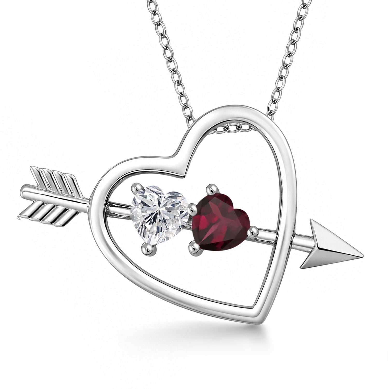 Gem Stone King 925 Sterling Silver Lab Grown Diamond and Red Rhodolite Garnet Pendant Necklace for Women | 0.99 Cttw | Gemstone April Birthstone | Heart Shape 5MM | With 18 inch Chain