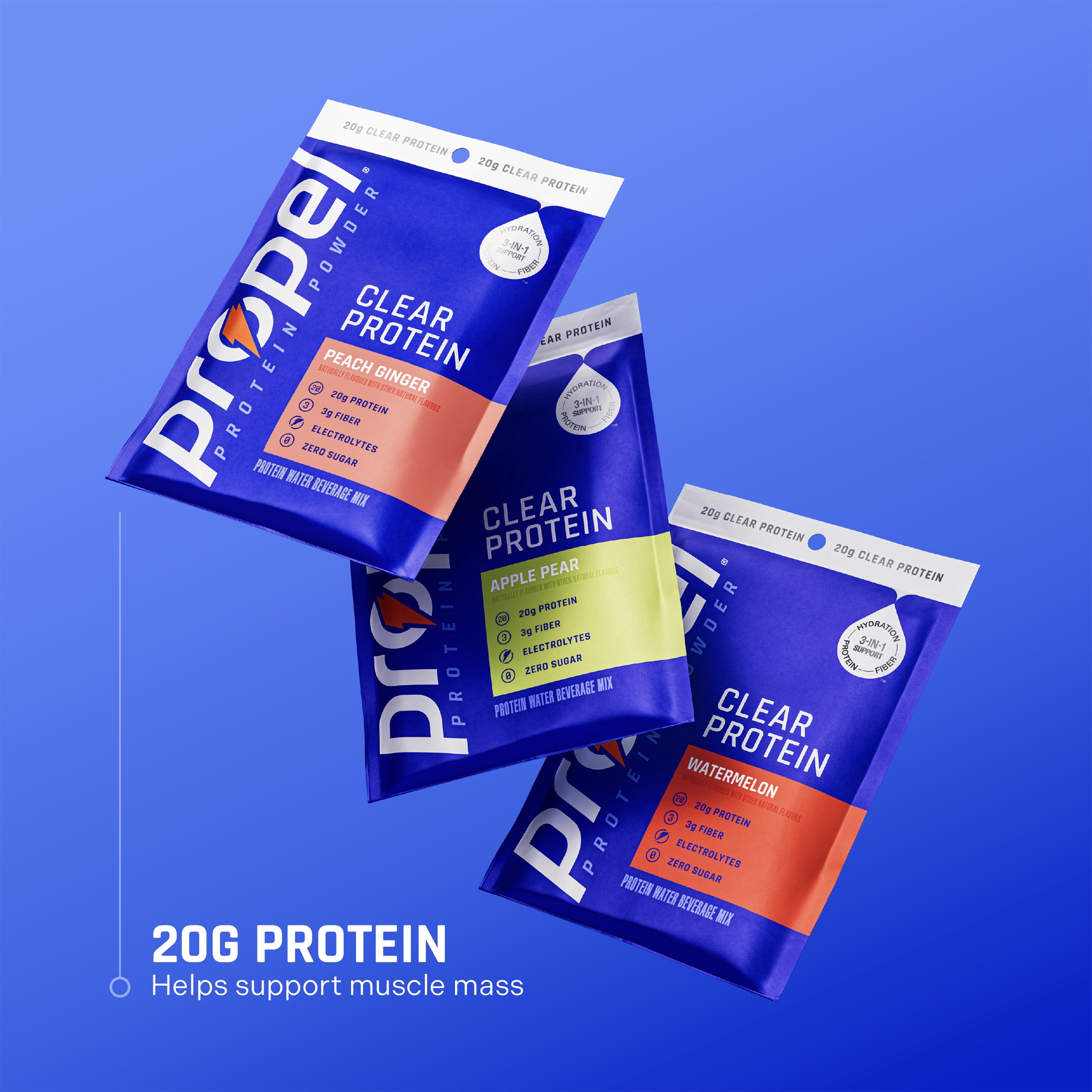 (4 pack) Propel Clear Protein Powder, Peach Ginger,(5 Servings), 3-in-1 GLP-1 Support: Hydration, 20g Protein, 3g Fiber, Zero Sugar, 90 Calories, No Added Colors, No Artificial Sweeteners or Flavors, 0.98 oz