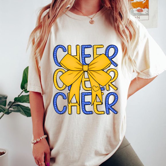 Cheerleading Shirt, Coquette Cheer Shirt, Blue Gold, Cheer Mom Shirt, Cheer Shirt, Cheerleader Shirt, Cheer Team