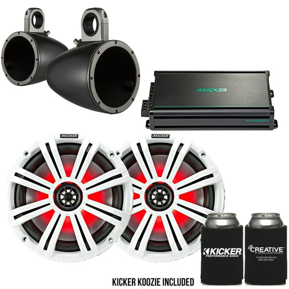 Kicker 8" BlackWhite Wake Tower LED Marine Speakers 1-Pair with 300 Watt Marine Amplifier