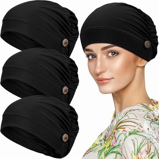 wonima11 3 Pieces Bouffant Caps with Buttons Unisex Stretchy Headband Turban with Buttons for Women (Black)