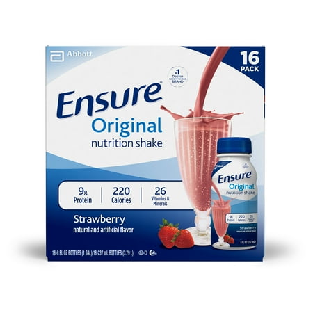 Ensure Plus Strawberry (Ensure Original Nutrition Shake with 9 grams of protein, Meal Replacement Shakes, Strawberry, 8 fl oz, 16)