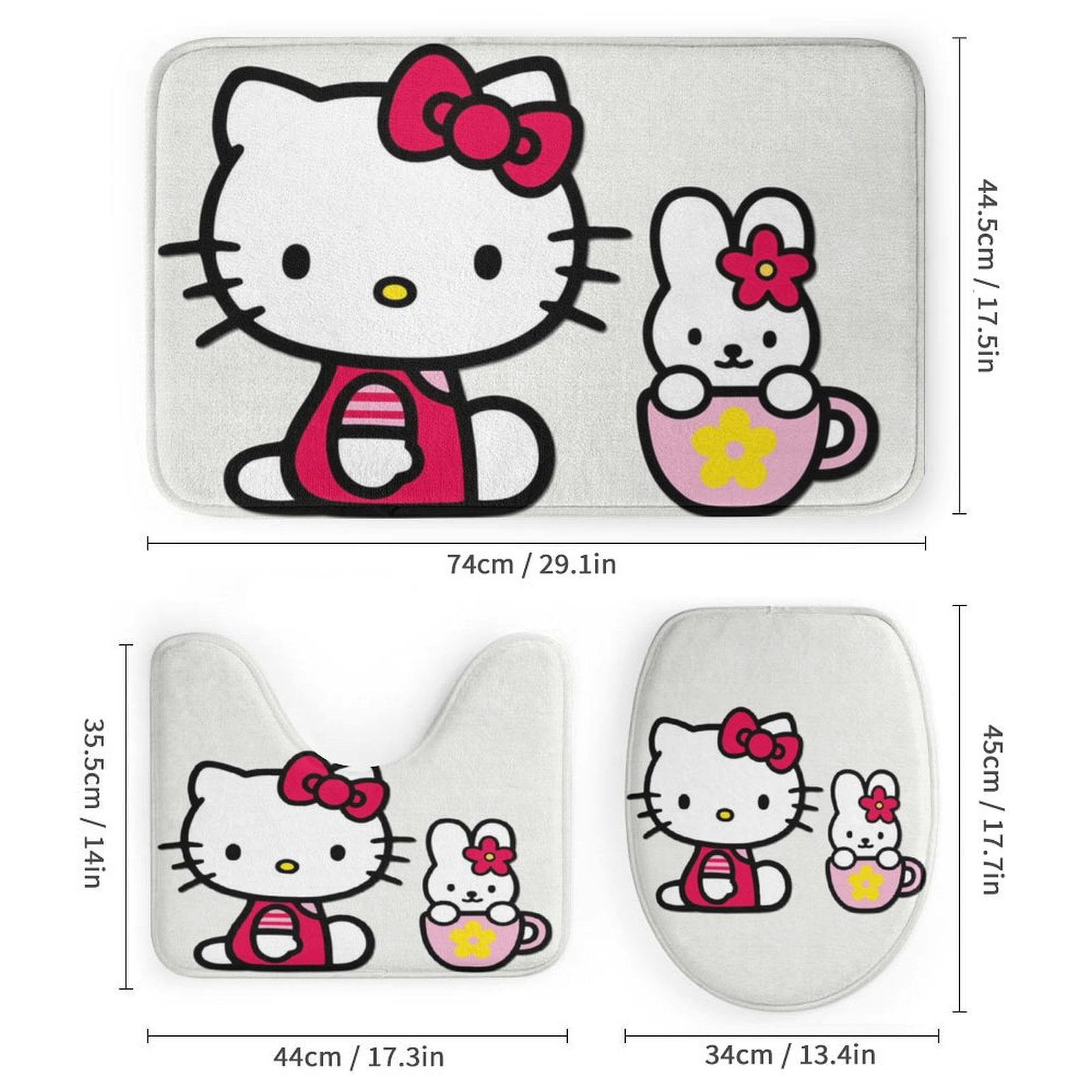 4 Piece Cartoon Hello Kitty Rabbit Flower Cup Shower Curtain Sets Kawaii Accessories with Non-Slip Rug, Toilet Lid Cover, Bath Mat Shower Curtains Set for Bathroom Decor