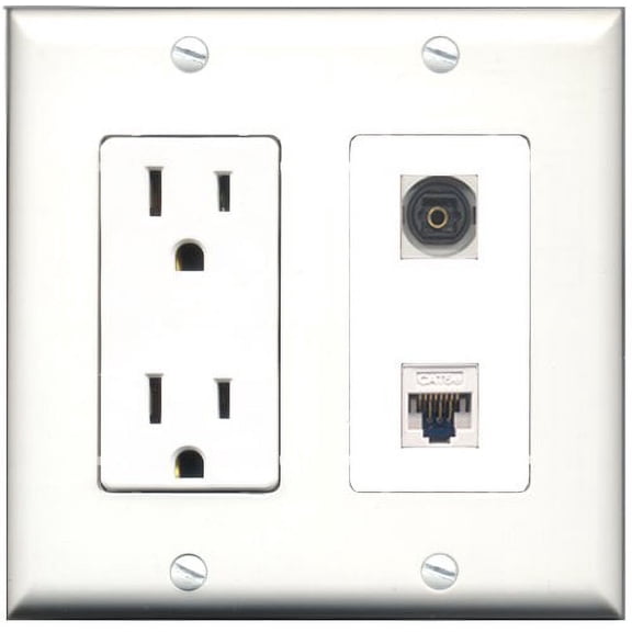 RiteAV - 15 Amp Power Outlet and 1 Port Toslink and 1 Port Cat5e Ethernet White Decorative Type Wall Plate White