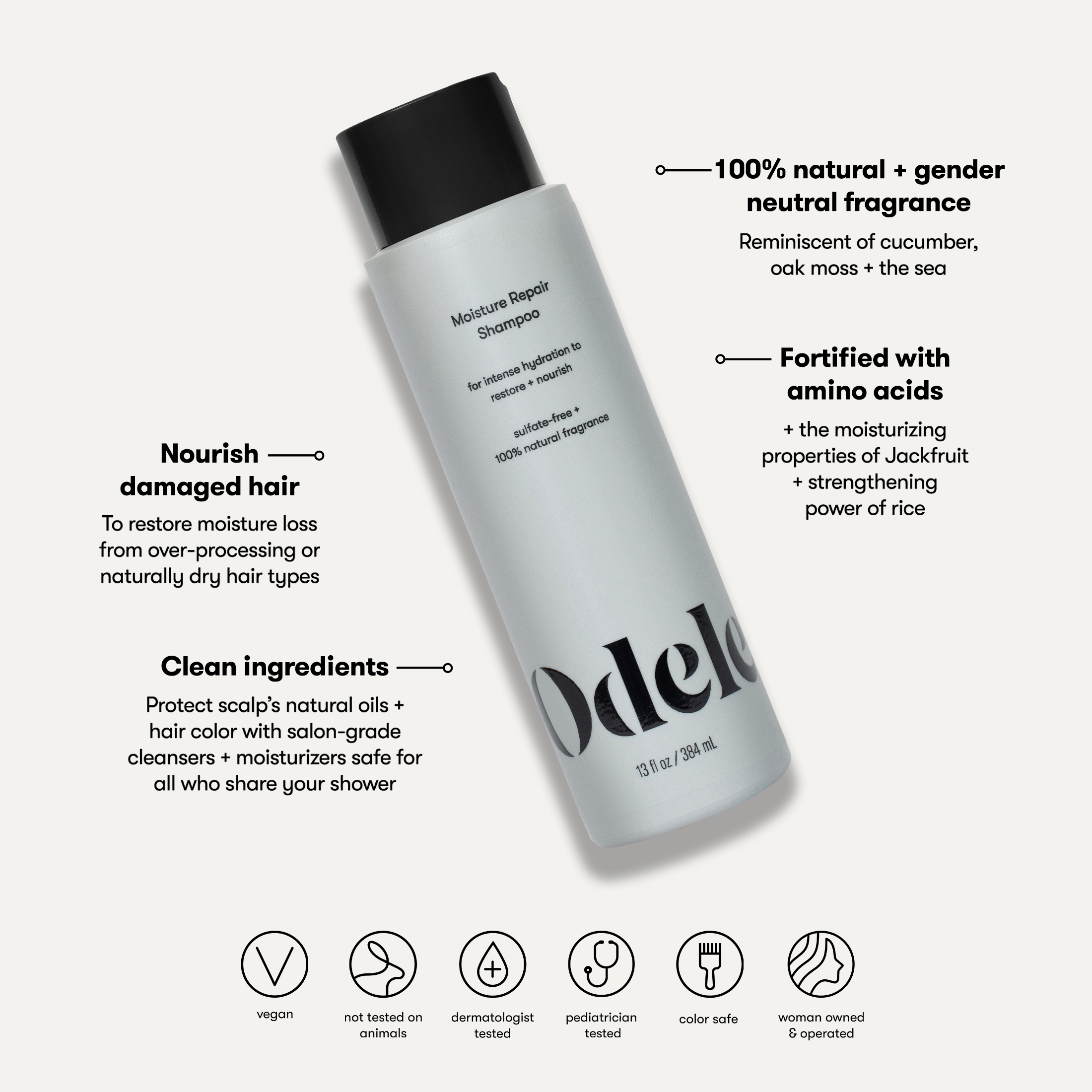 Odele Moisture Repair Shampoo for Dry + Damaged Hair, Silicone + Sulfate Free, 13 fl oz