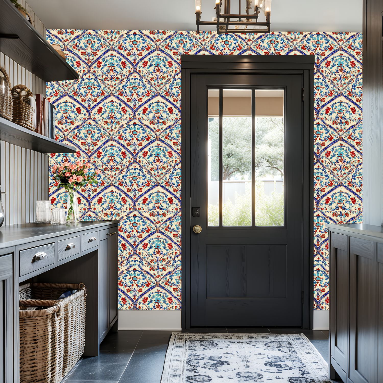Peel and Stick Wallpaper Ornate Floral Blue Red Details Soft Beige Wall Mural 17.7in x 9.8ft Self Adhesive Removable Wall Paper Renter Friendly Wallpaper for Bedroom Livingroom Office