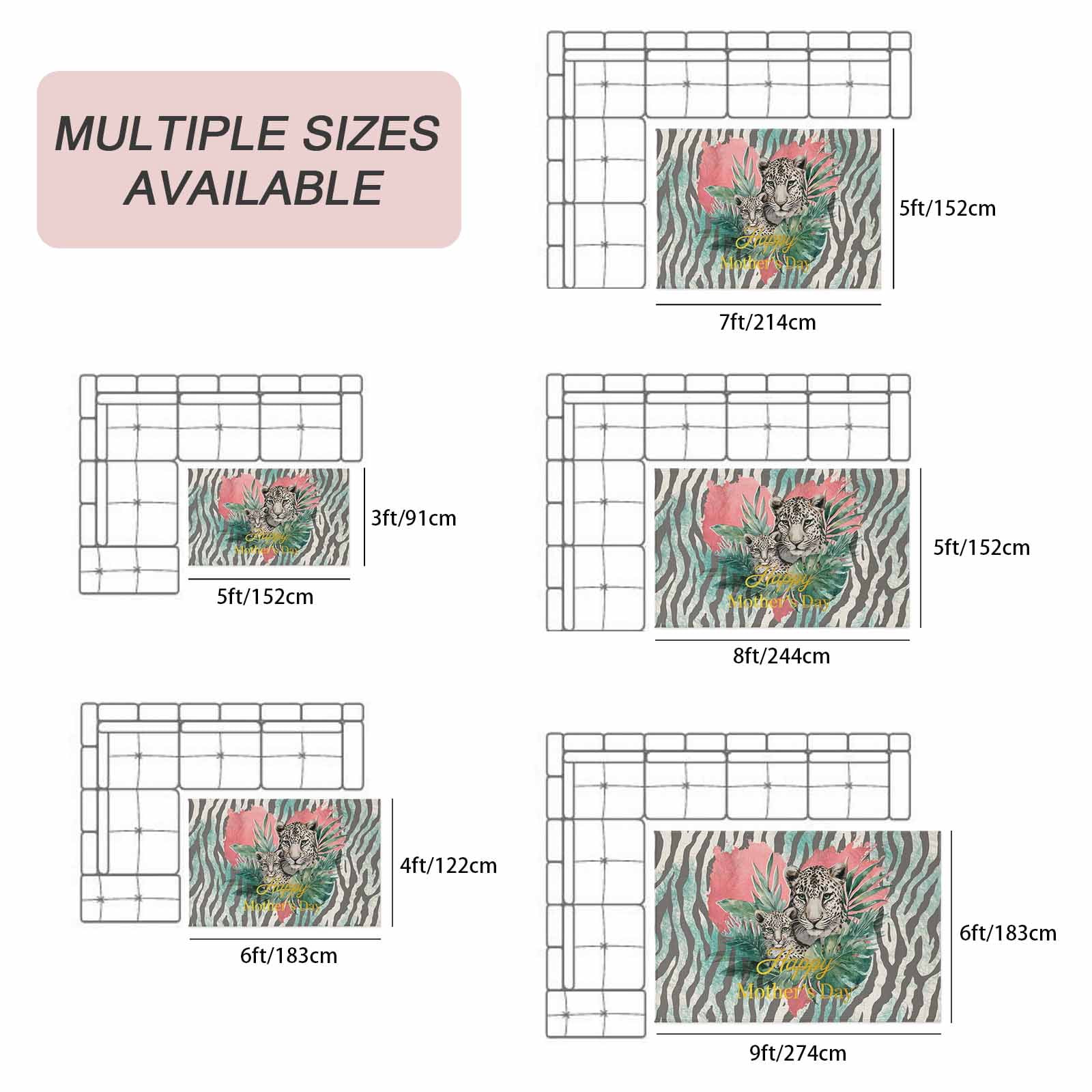 Happy Mother's Day Outdoor Rug 4x6 Ft, Non Slip Washable Area Rug, Leopards Teal Abstract Art Patio Rugs Carpet Runner, Large Floor Mat for Indoor/Outdoor Deck Porch Camping