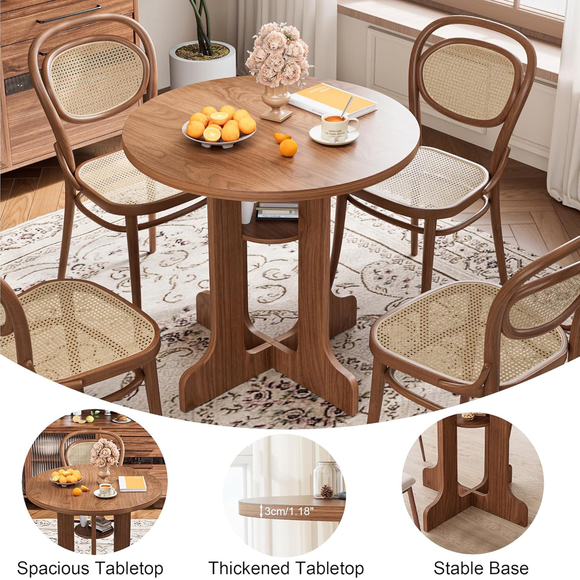 31.5 Inch Round Dining Table for 2-4, Modern Kitchen Table with Storage Shelf, Small Dining Room Table for Living Room, Walnut