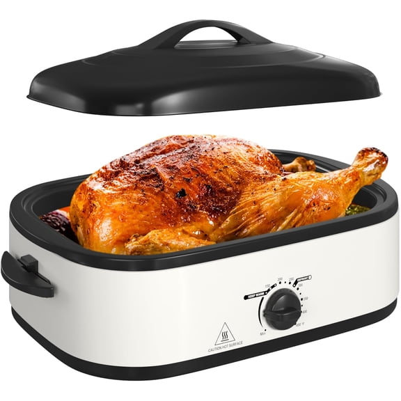 14 Quart Electric Roaster Oven with Slow Cooker Function, Turkey Roaster Oven Buffet with Self-Basting Lid, Removable Pan, Cool-Touch Handles, Easy to Clean, White