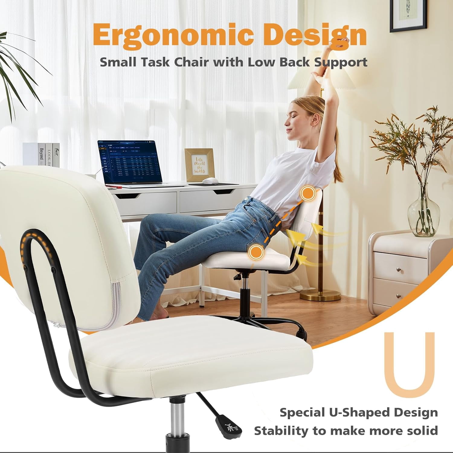 Atilioo Office Desk Chair, Armless Computer Chair with Wheels, PU Leather, Lumbar Support, 360° Rolling Swivel Task Chair for Home Office, White