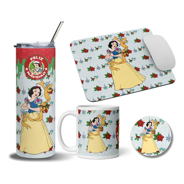 Termo 20oz taza posavaso Mouse Pad SVArt diseño Blanca Nieves Navideño MD3