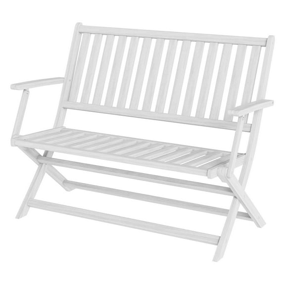 Outdoor Bench 2 Person, Foldable Acacia Wood Garden Bench with Back & Armrests - White Patio Furniture for Porch, Park, Balcony