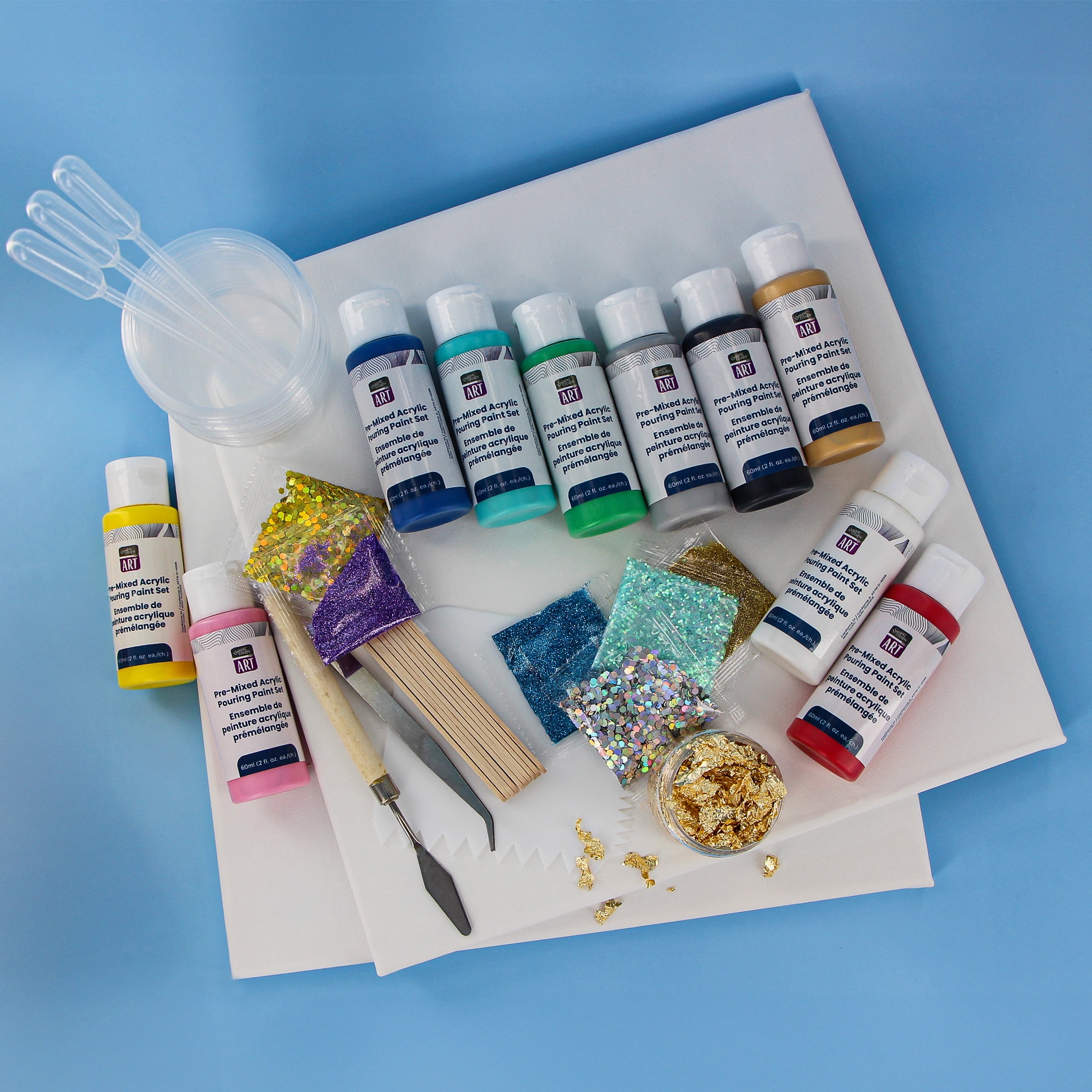 Coffret Unique Creativ Art de Peinture Pré-Mélangée Versable, 51 pièces, Toiles 30,5 x 30,5 cm