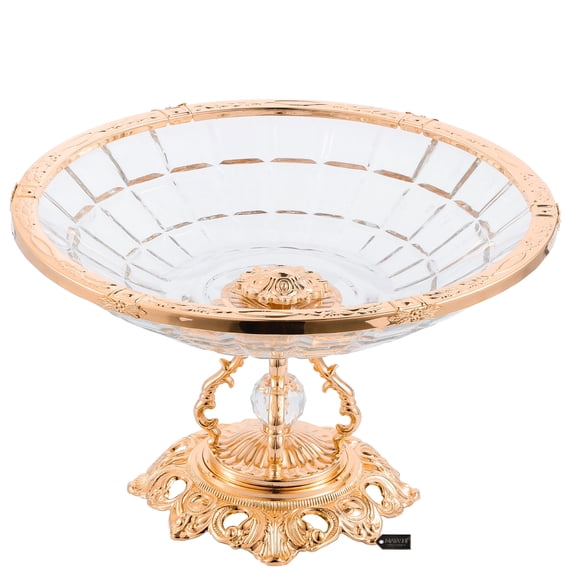 Matashi Home Decorative Dining Tabletop Showpiece Crystal Candy Centerpiece Decorative Bowl Plate Dish, Round Serving Platter with Rose Gold Plated Pedestal and Crystal Ball Base