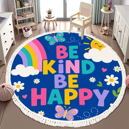 Washable Non Slip 6ft Round Rug Be kind to your mind quotes typography design sun cloud Circle Area Rugs with Tassels Carpet for Nursery Bedroom Living Room Playroom Tent rug Tent Castle