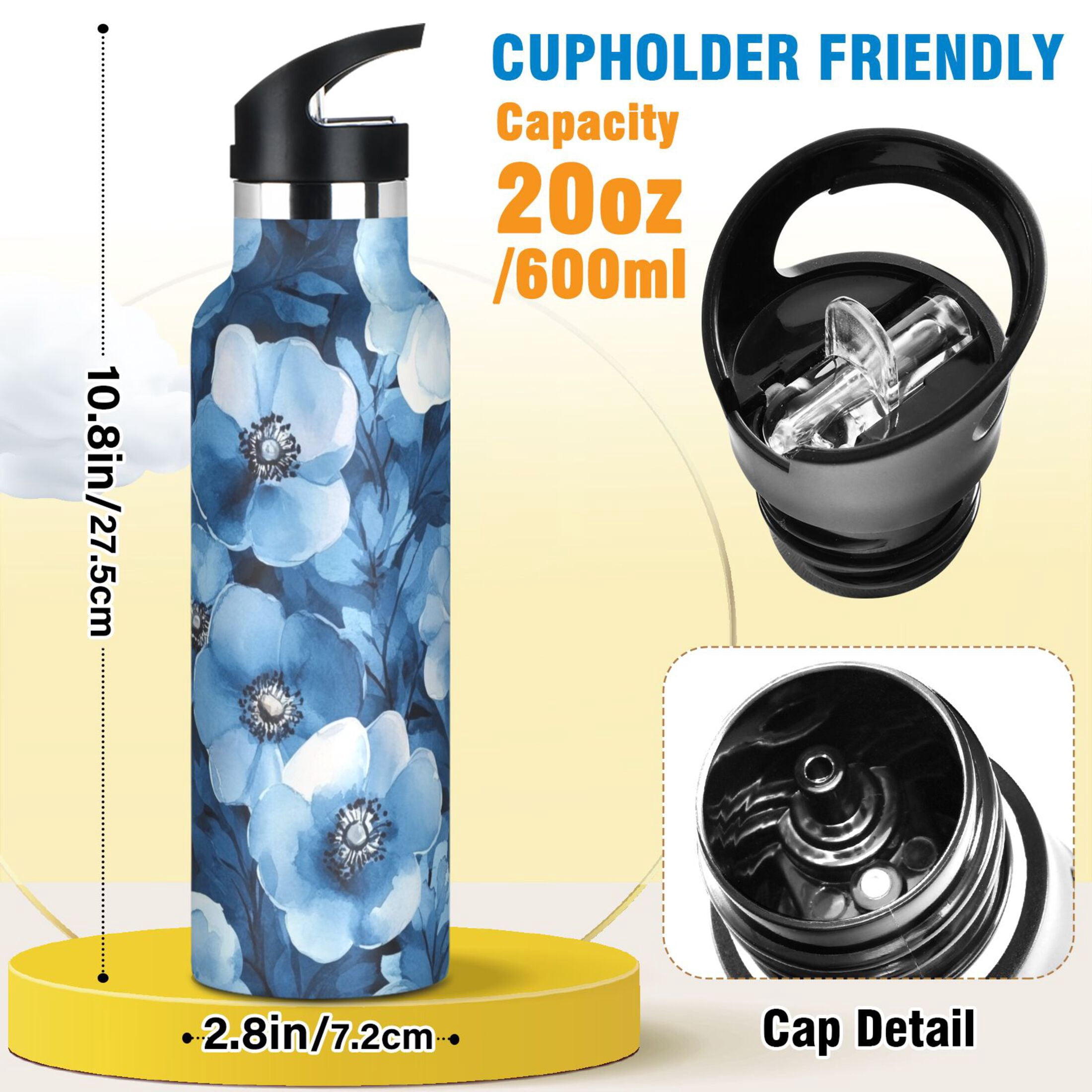 600ML Stainless Steel Insulated Cup Sports Water Bottle Portable Thermos Cup Water Glasses Insulated Tumblers Convenient and Durable Beautiful Blue Flowers