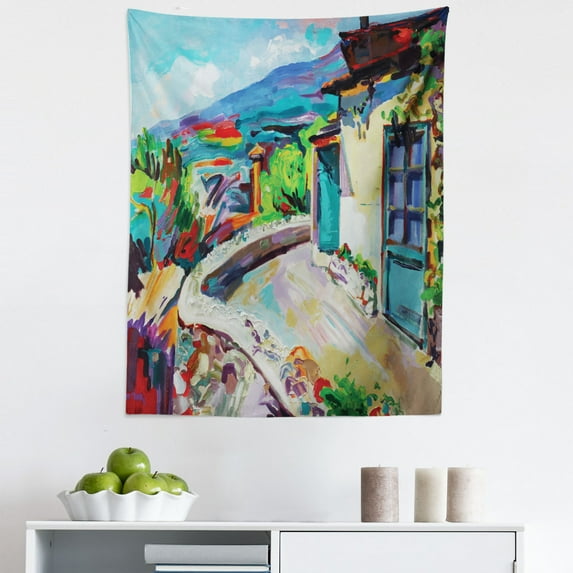 Fine Art Tapestry, Idyllic Summer View of a Cottage House on Mountains Rural Tranquil French Scenery, Fabric Wall Hanging Decor for Bedroom Living Room Dorm, 5 Sizes, Multicolor, by Ambesonne
