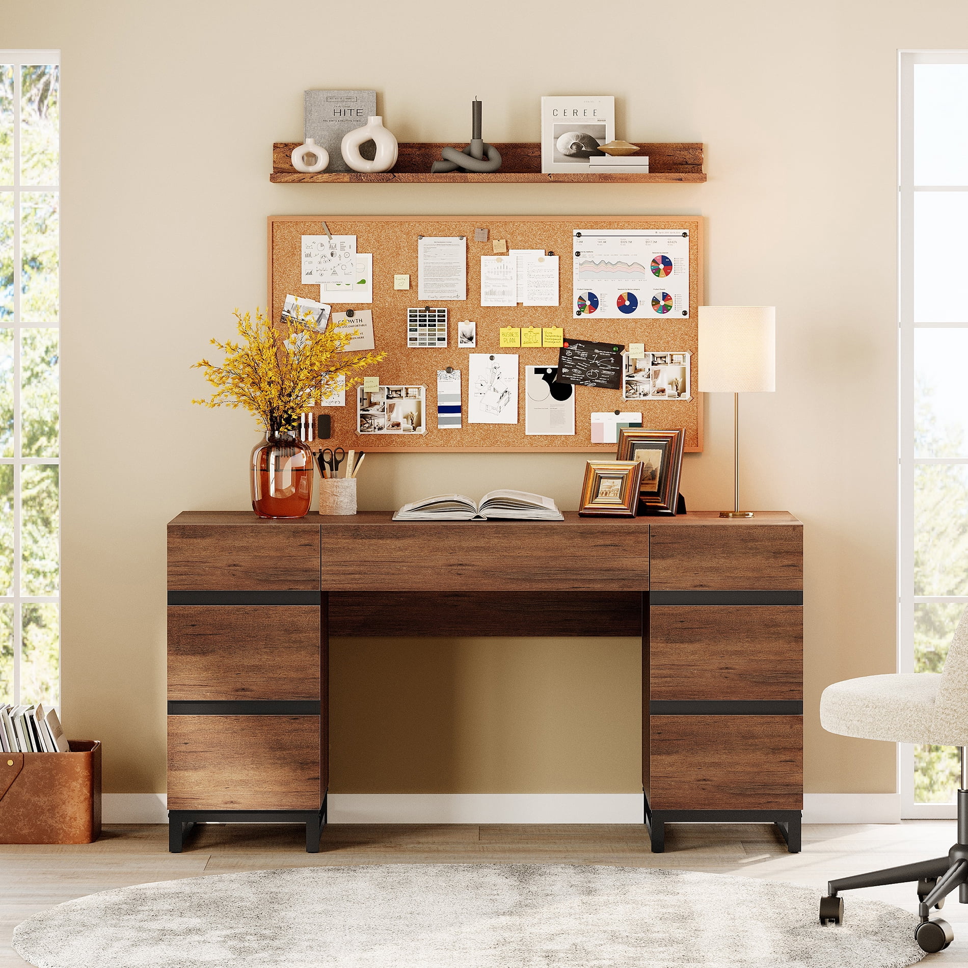 WAMPAT Home Office Furniture Set: 59in Modern Executive Desk with Charging Station & Drawers and Two 72in Tall Bookcases with Storage Cabinet, Home Office Furniture for Living Room, Brown