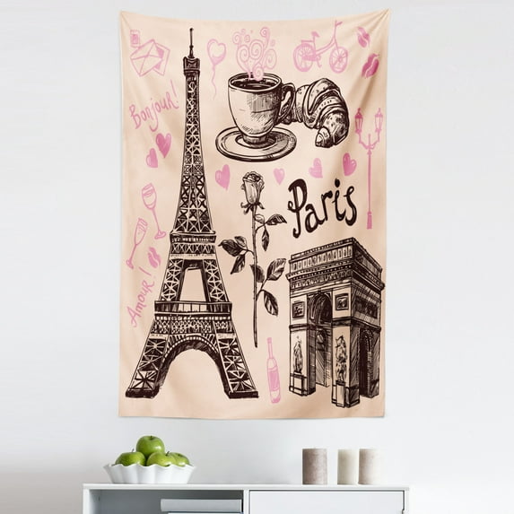 Eiffel Tower Tapestry, Paris Eiffel Tower Bakery Delicious Croissant Traditional Floral Design, Fabric Wall Hanging Decor for Bedroom Living Room Dorm, 5 Sizes, Pink Dark Brown, by Ambesonne