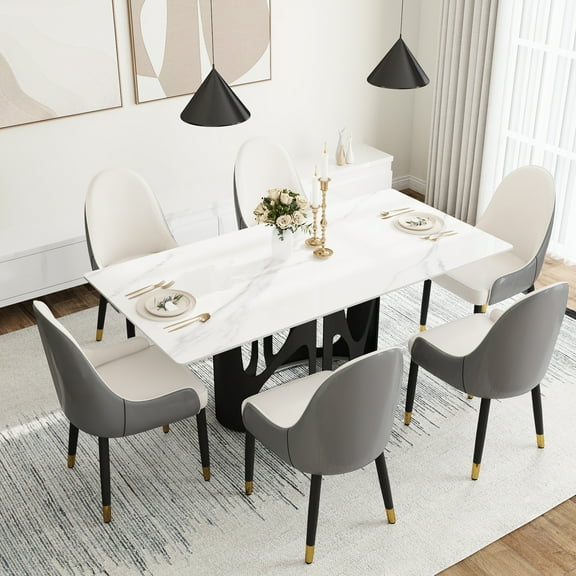 Modern 70.36" Sintered Stone Dining Table - White & Black Iron, Holds 6-8 Rectangular With Iron Legs, Fits People