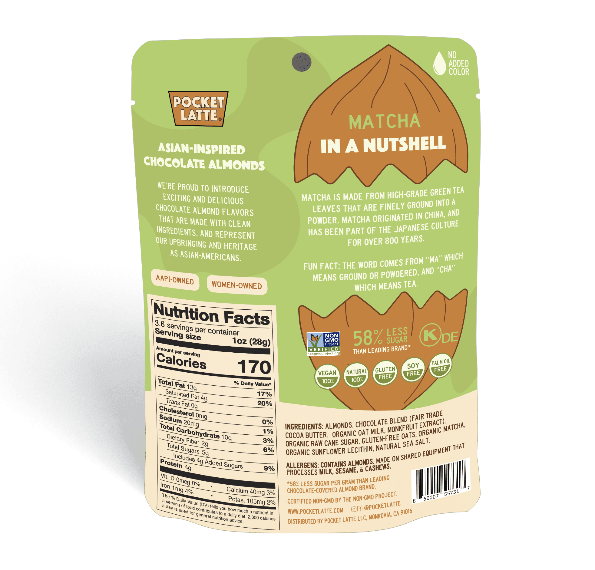 (Pack of 6) Pocket Latte Choco Nuts Matcha Chocolate Coated Almonds, 3.53 oz