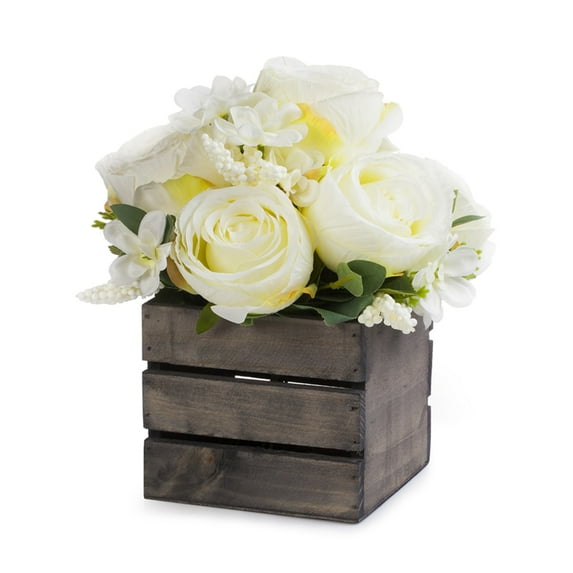Enova Home Artificial Flowers Mixed Silk Roses Fake Flowers Arrangement in Wood Planter for Home Office Wedding Decoration (Cream)