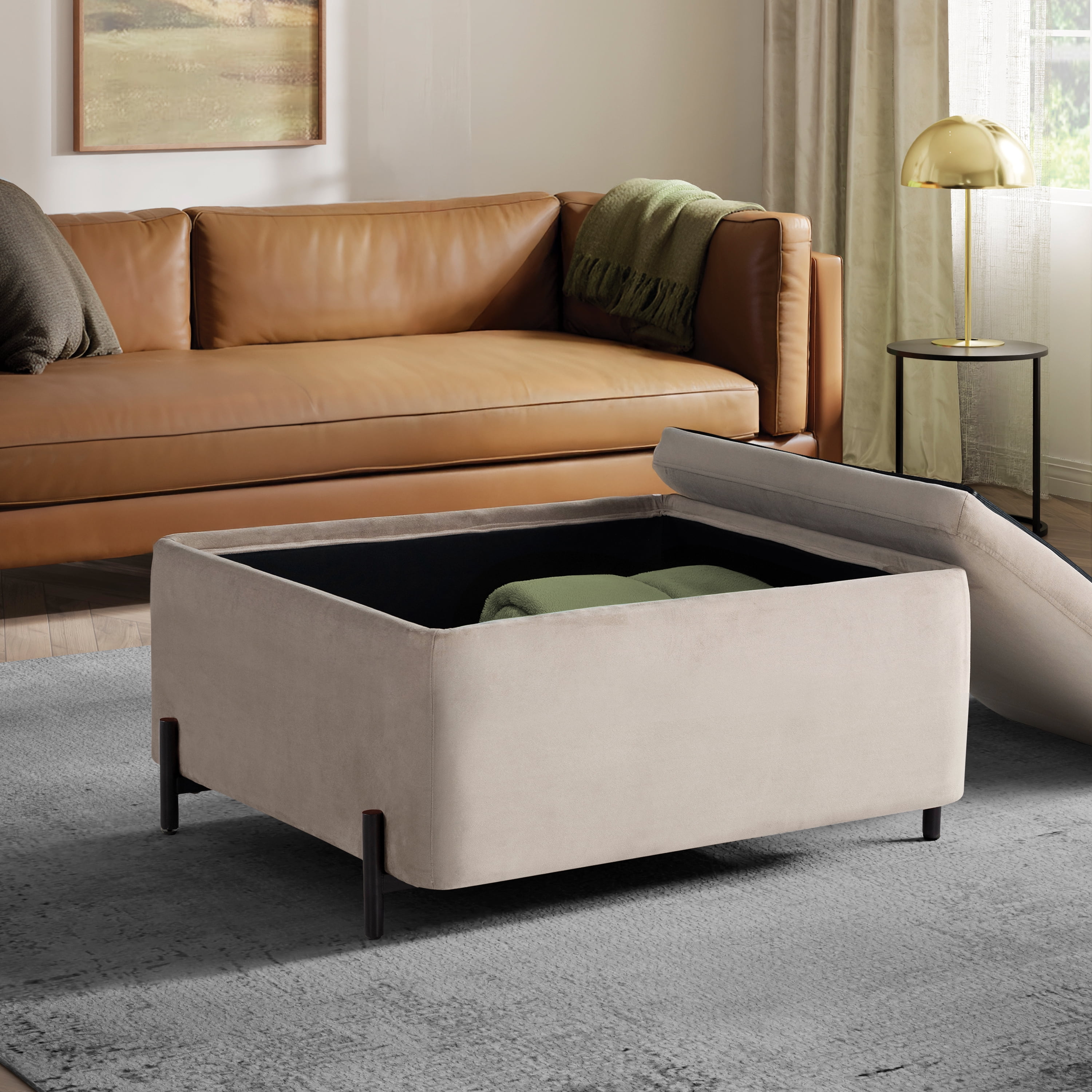 Studio Living Kingston Modern Large Storage Ottoman, Taupe Velvet Fabric