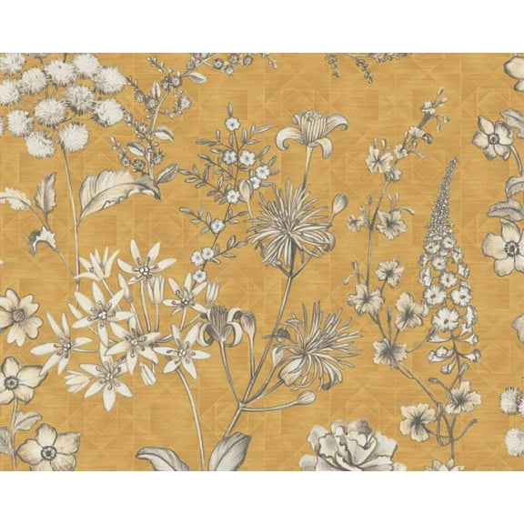 Concord Wallcoverings Modern Textured Wallpaper Floral, Vinyl Accent Wall Wild Flowers, Cream, Grey, Yellow, 21 in x 33 Ft (57 sq. ft), 391172