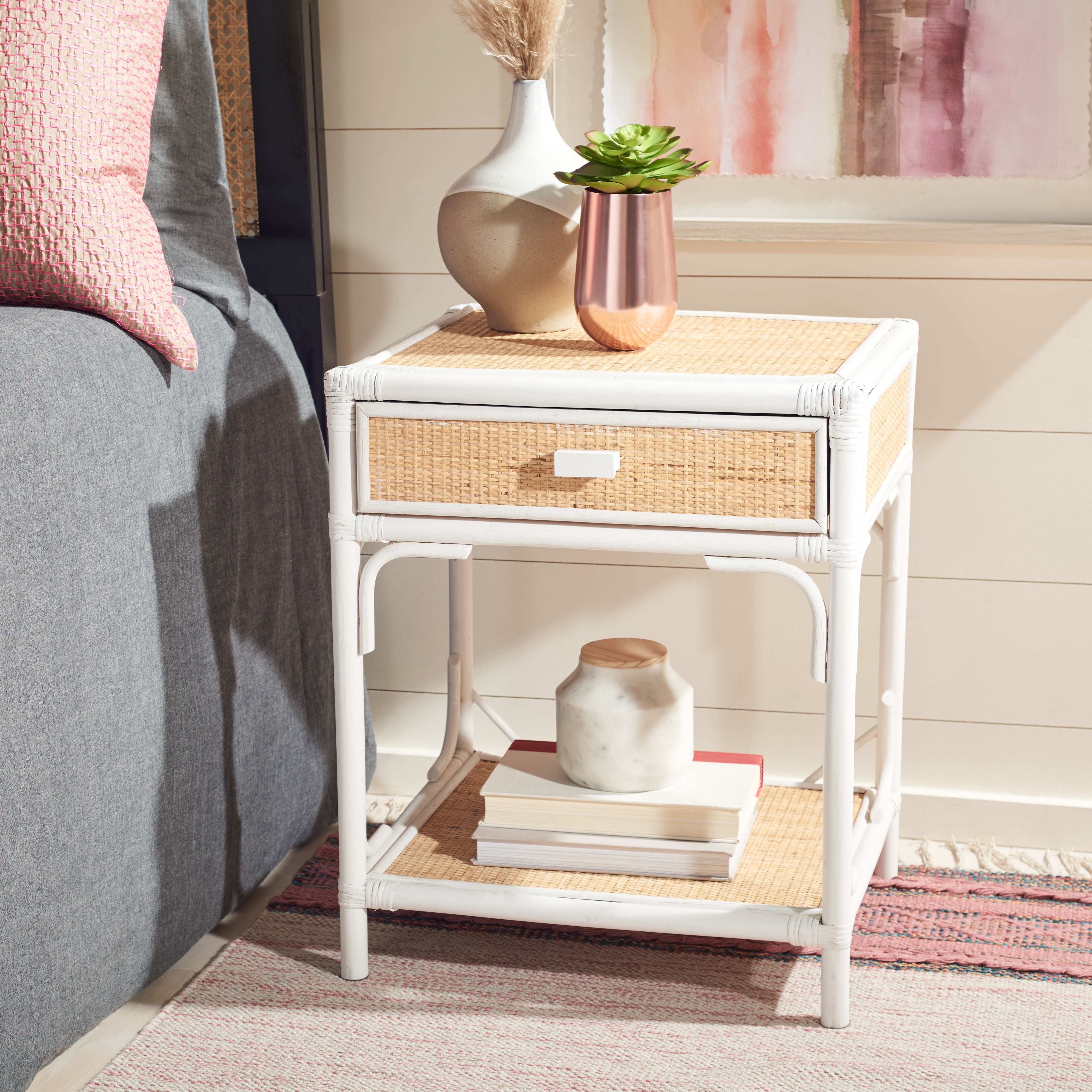 SAFAVIEH Roya Rustic 1 Drawer 1 Shelf Nightstand, White/Natural