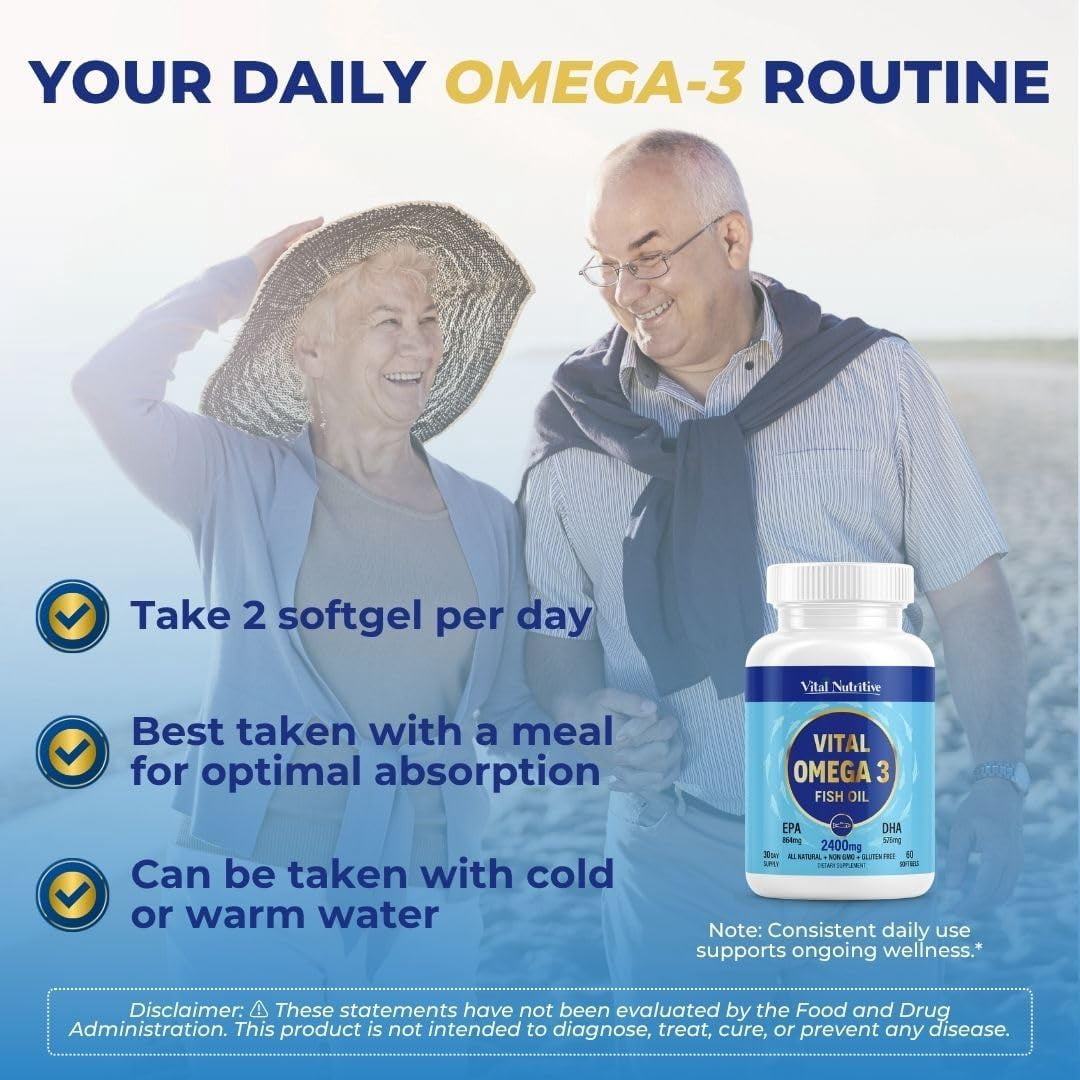 Vital Omega-3 Fish Oil – Daily Supplement for Heart and Brain Support – Non-GMO, Gluten-Free, Sugar-Free – Lemon Flavor – 30-Day Supply