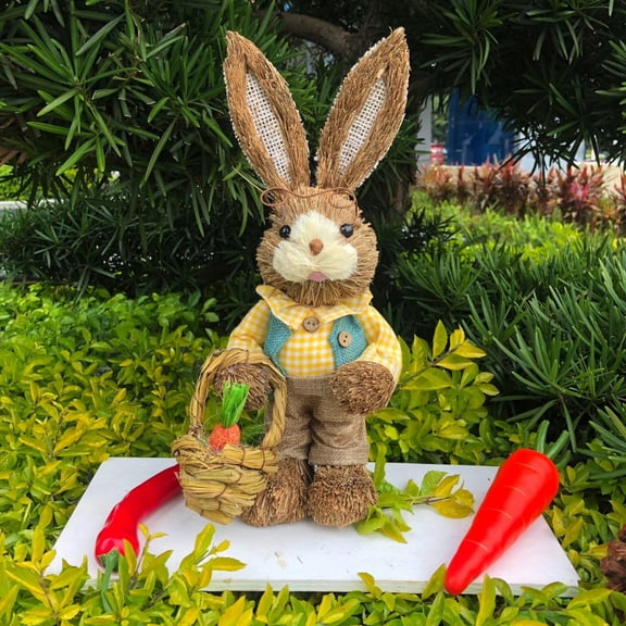 1Pc 35Cm Rustic Straw Easter Bunny decor, Adorable Carrot & Basket Accents, Easter Table Centerpiece for Dining Sets, Easter Lawn decorations for Front Yards, Garden Party