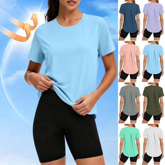 Womans Shirts Ndbuld Women's Fashionable Slim-fitting Elastic Lightweight Casual UPF 50 Sunscreen Hiking Sports Short-sleeved Round-neck Top Gray XXL