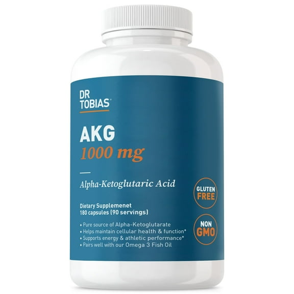 Dr. Tobias AKG Supplement, 1000 mg Alpha Ketoglutaric Acid, Supports Cellular Energy & Nitric Oxide Flow, Bioavailable Alpha Ketoglutarate, Vegan, Gluten-Free, Non-GMO, 180 Capsules, 90 Serving