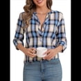 thumbnail image 3 of Camisas A Cuadros con Cuello en V para Mujer, Elegantes, Informales, con Botones, Estilo Bohemio, para el Trabajo, de Larga, para Otoño. Azul L, 3 of 10