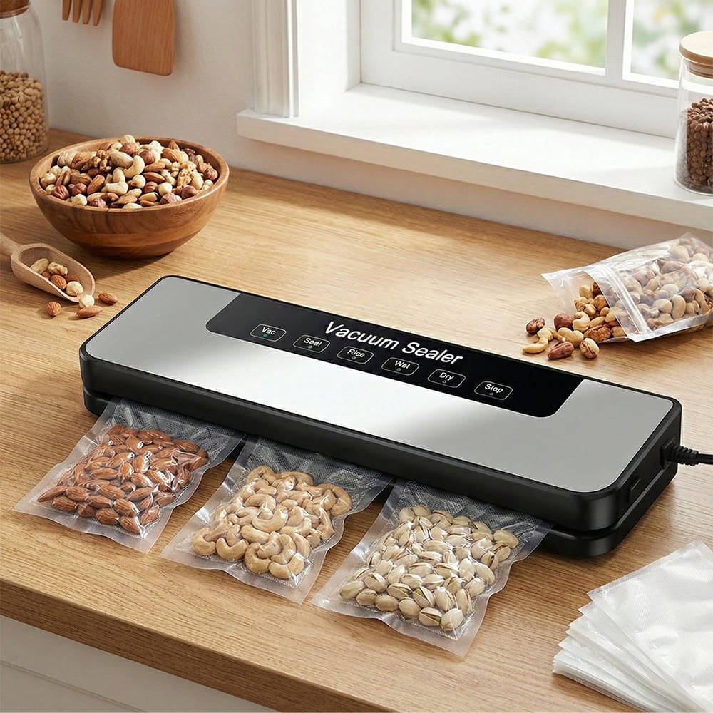 MDHAND Vacuum Sealer Machine with UV Sterilization, 60kPa Suction Power, 120W, 30cm Seal Width, Includes 50 Precut Bags and External Hose, for Food Storage