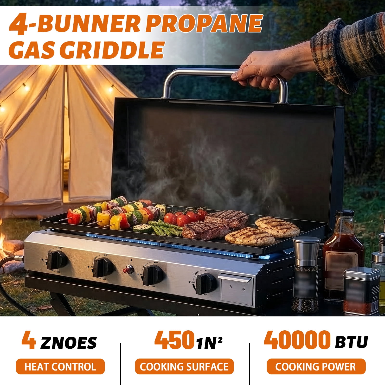 Ktaxon 4 Burner Propane Griddle Flat Top Gas Grill with Stand,Wheels 40000 BTU with Lid,Ceramic Coated Cast Iron Pan,Portable