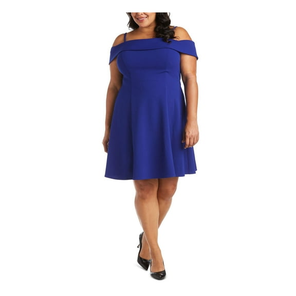 MORGAN & CO Womens Navy Stretch Zippered Tie Short Sleeve Off Shoulder Above The Knee Formal Fit   Flare Dress Plus 18W