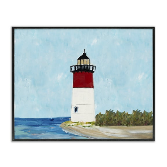Stupell Industries Coastal Lighthouse on Blue Coastal Painting Black Framed Art Print Wall Art, 14 x 11