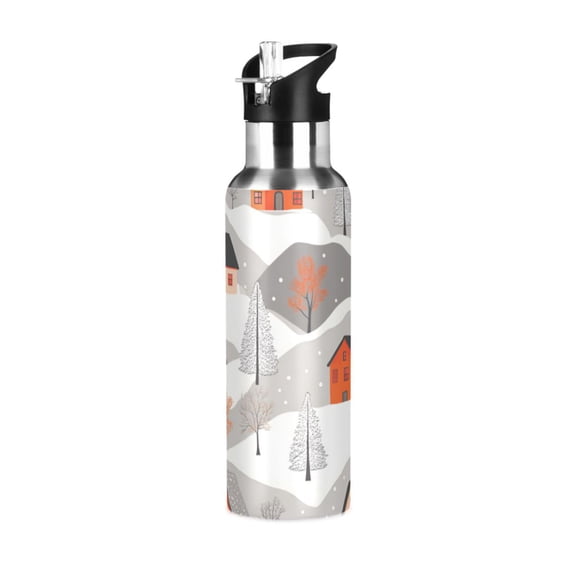 Yayeee 20oz Insulated Water Bottle Double Wall Stainless Steel with Flip Straw Lid, Snow Cartoon Houses