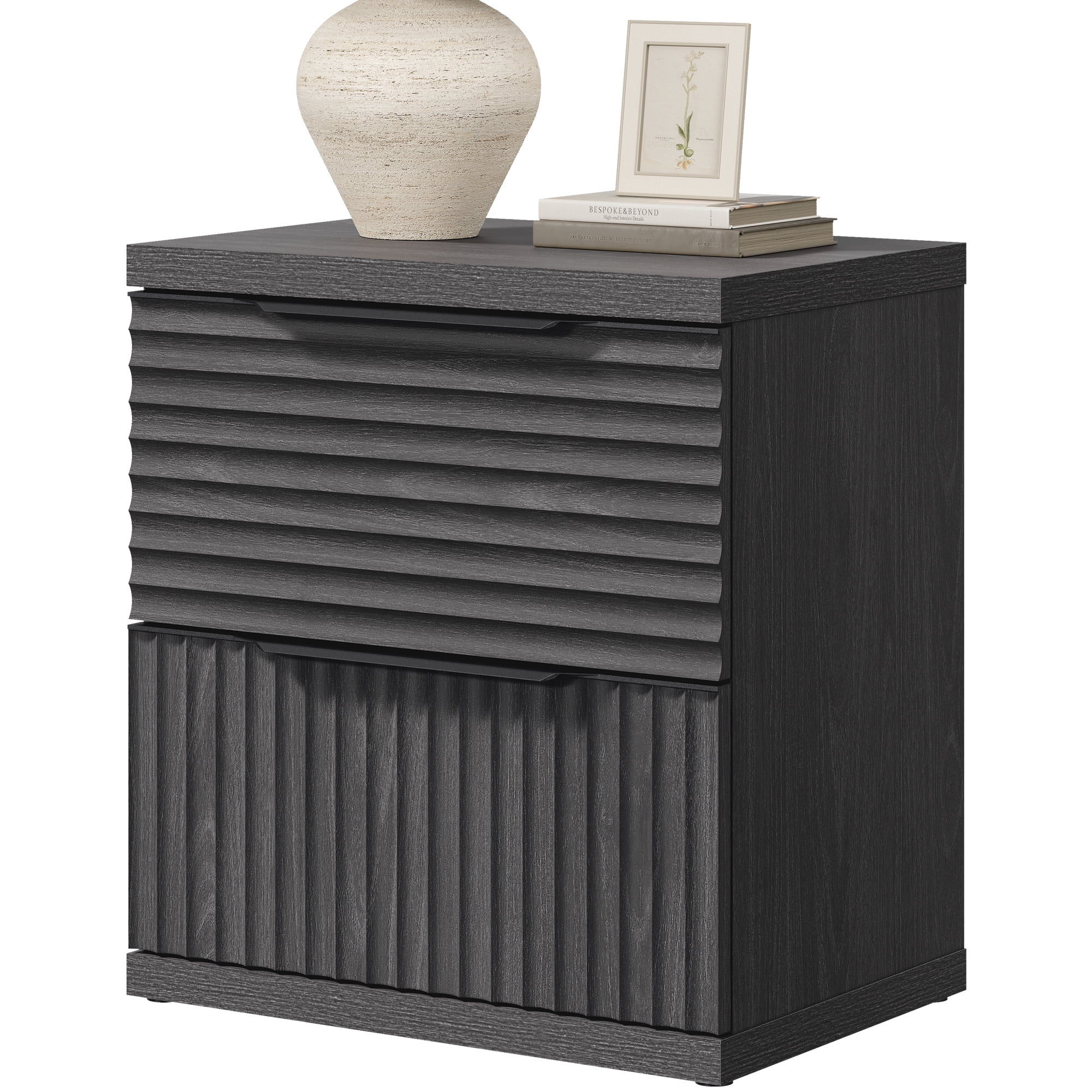 SICOTAS Fluted 2 Drawer Nightstands for Bedroom, Modern Wooden Bedside Tables with Drawers & Black Handles, Black