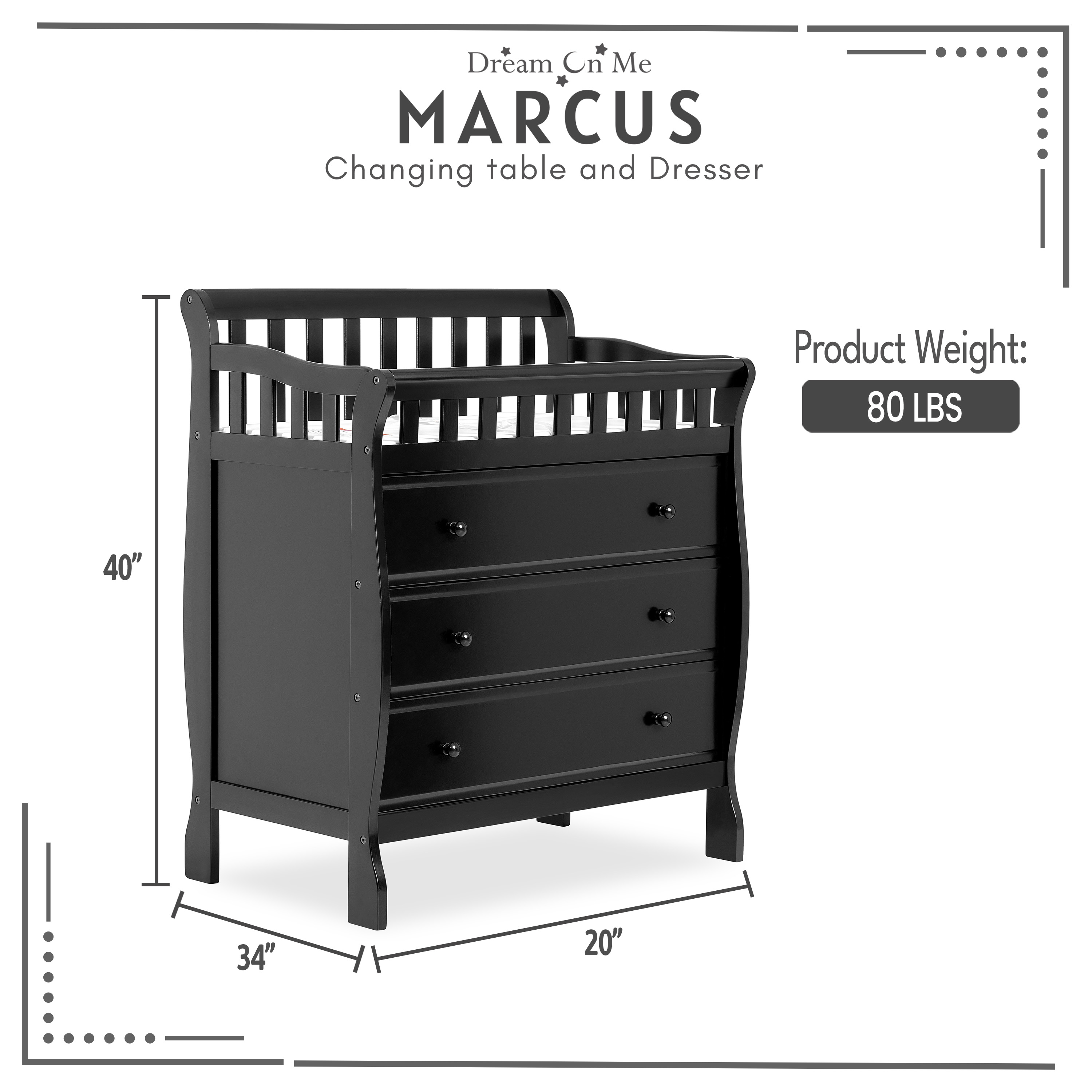 Dream On Me Marcus Changing Table And Dresser, Black - image 4 of 10