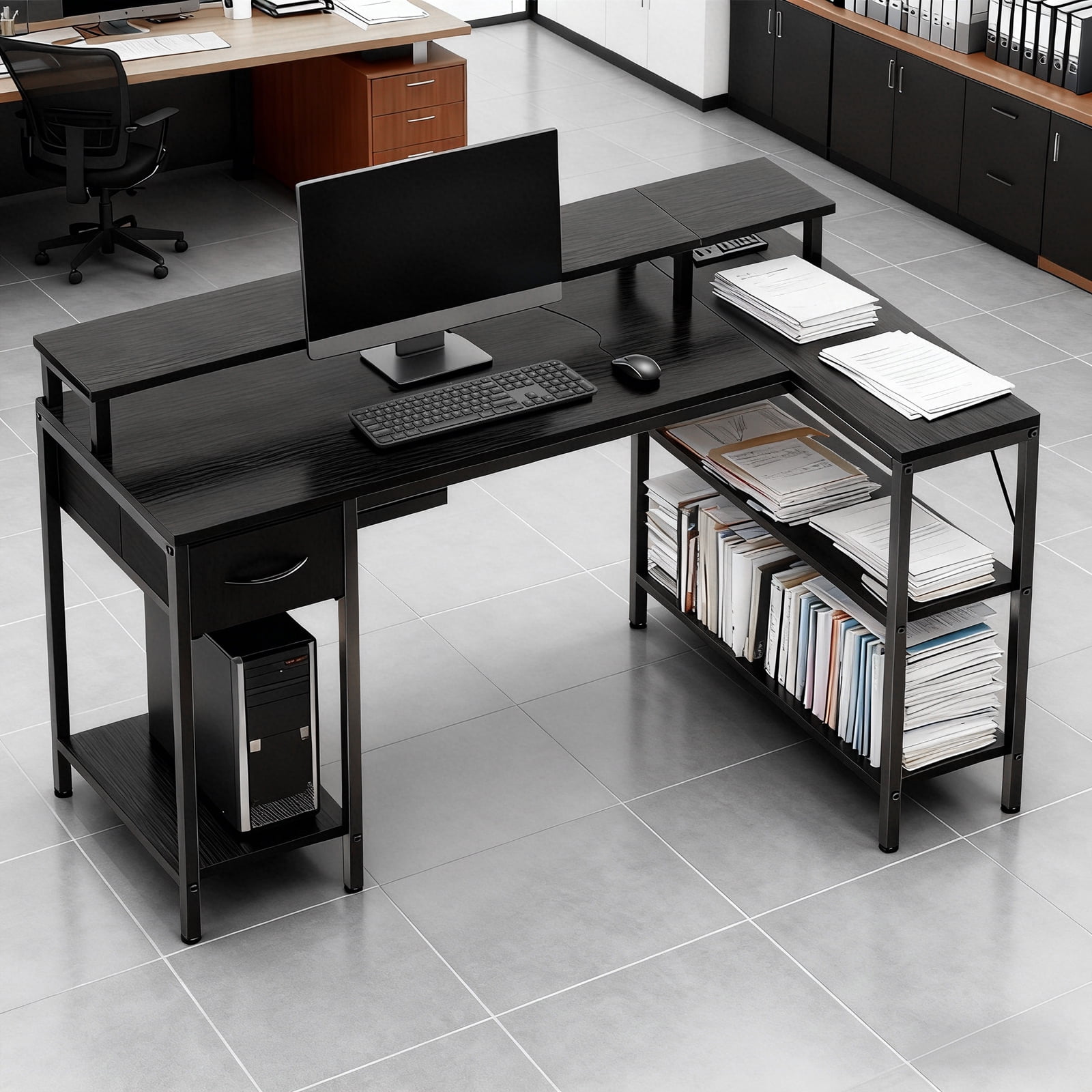 KPUY 53-Inch L Shaped Desk with USB Charging Port LED Light and Monitor Stand, Gaming Desk Home Office Desk for Home Office Dorm Sturdy Writing Workstation, Black