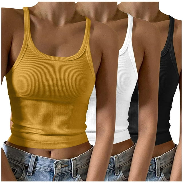 Timegard 3pc Tank Tops for Women Scoop Neck Ribbed Sleeveless Slim Crop Top Casual Going out Tops Camis