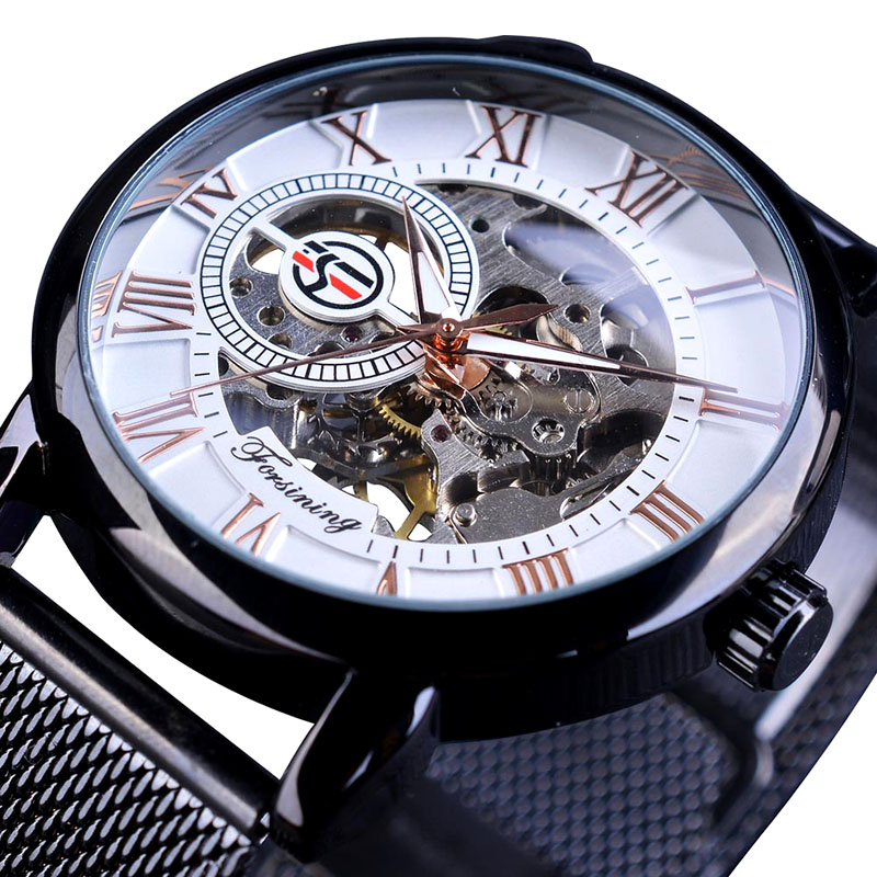 VIGOROSO Men Skeleton Mechanical Wrist Watch Stainless Steel Luxury