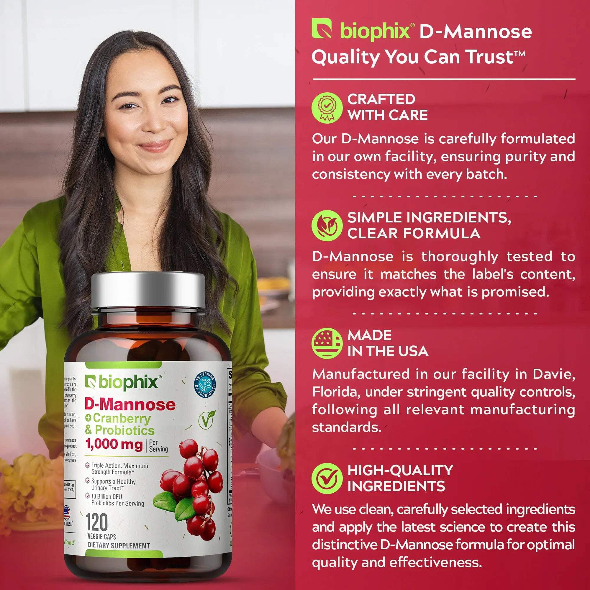 Biophix D-Mannose with Cranberry & Probiotics 1000mg – 120 Vcaps for Urinary Tract Health Support