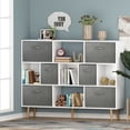 thumbnail image 2 of Imerelez 4-Tier Wooden Bookcase, 6 Non-woven Drawer & 6 Cube Storage Organizer Bookshelves, Bookcases with Solid Wood Legs, Free Standing Book Shelf for Home Office, Living Room, White, 2 of 6