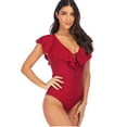 thumbnail image 6 of SAYFUT Women's One Piece Swimsuit V Neck Ruffle Monokinis Swimwear Crossback Bathing Suits Black/Jujube Red, 6 of 7