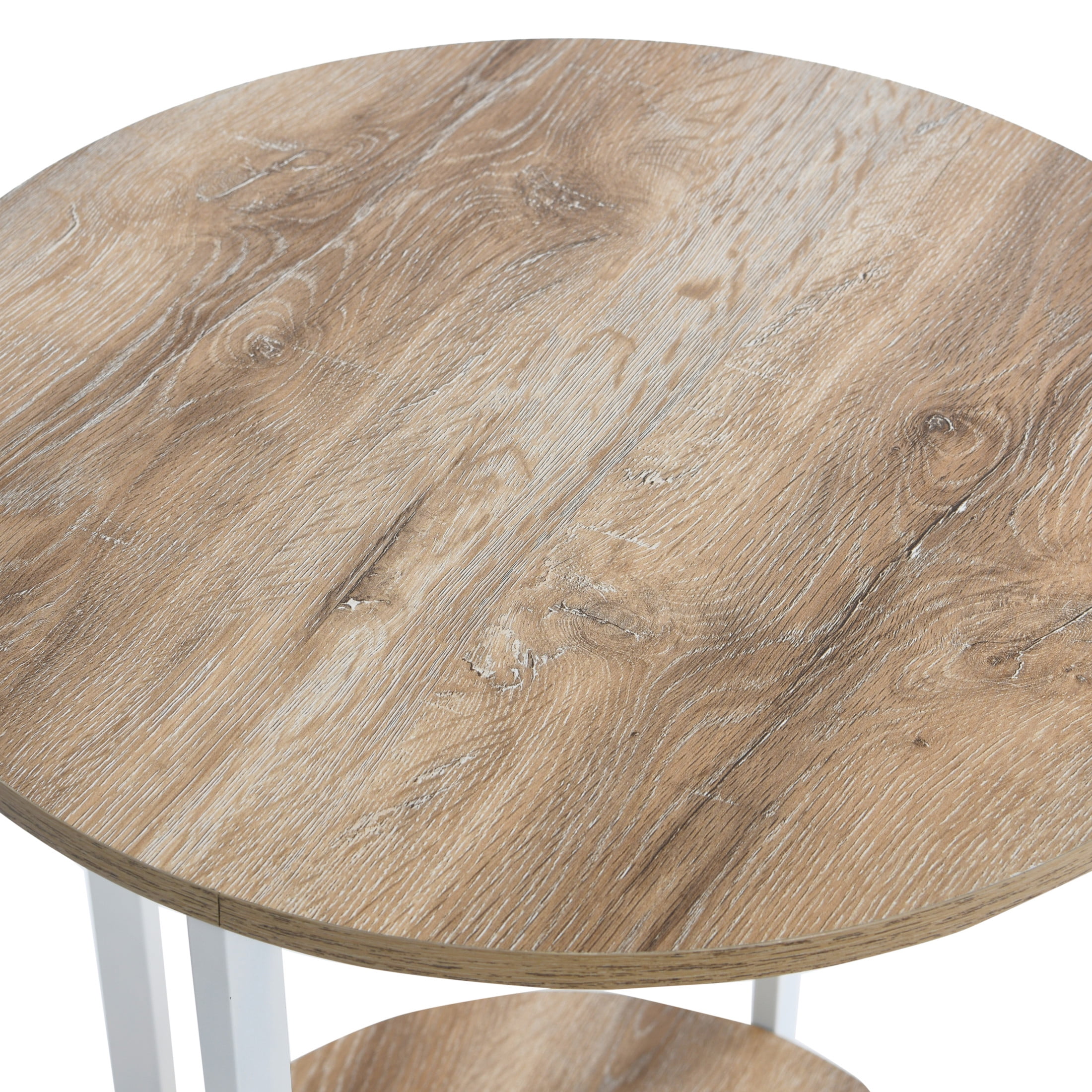 Household Essentials Jamestown Round Side End Table with Storage Shelf Coastal Oak Rustic Wood Grain and White Metal