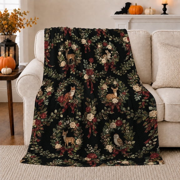 Woodland Animals with Roses on Black, Vintage Floral Style for Nature Lovers, Forest Garden Motif and Birthday Gift, Cozy Flannel Blanket for Bedroom and Living Room, Home Decor